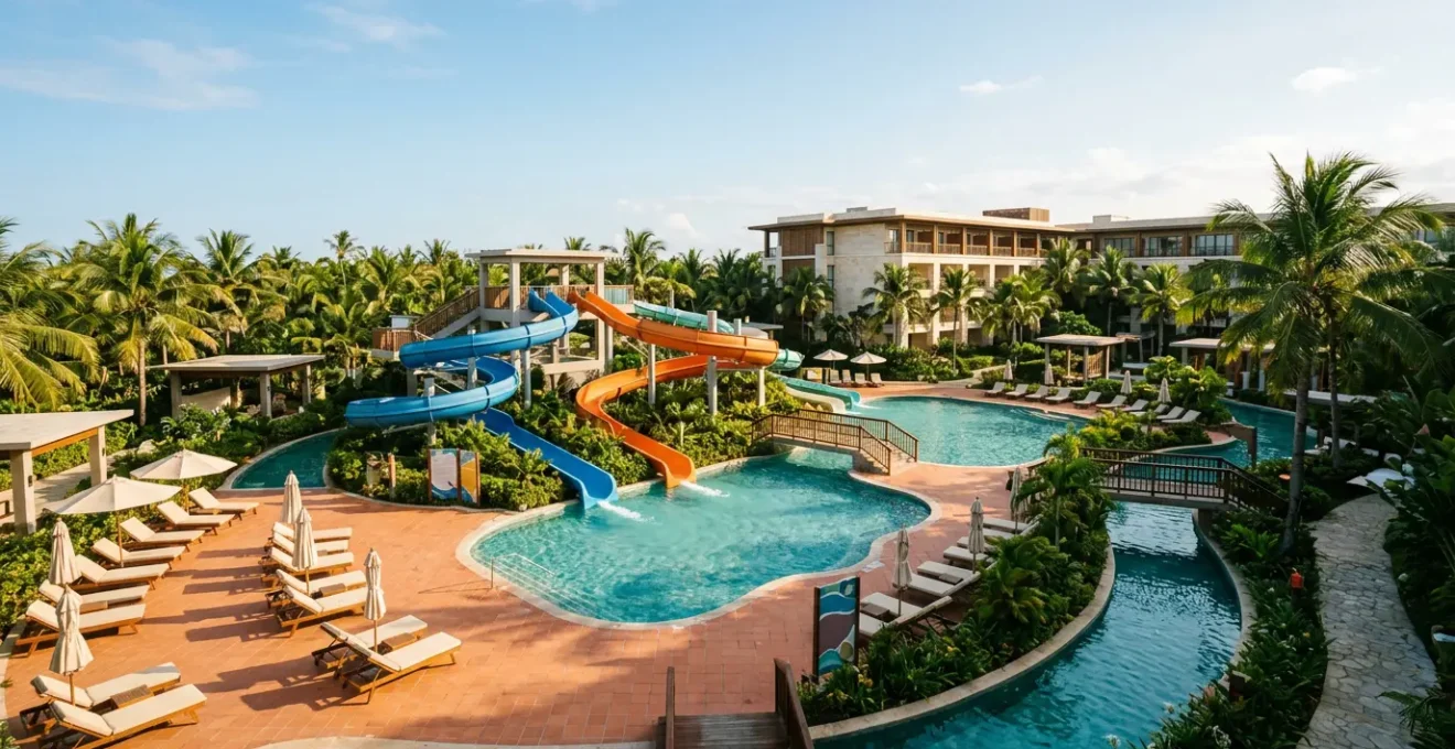 Espace aquatique extérieur d'hôtel familial avec toboggans et bassins sécurisés