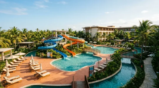 Espace aquatique extérieur d'hôtel familial avec toboggans et bassins sécurisés