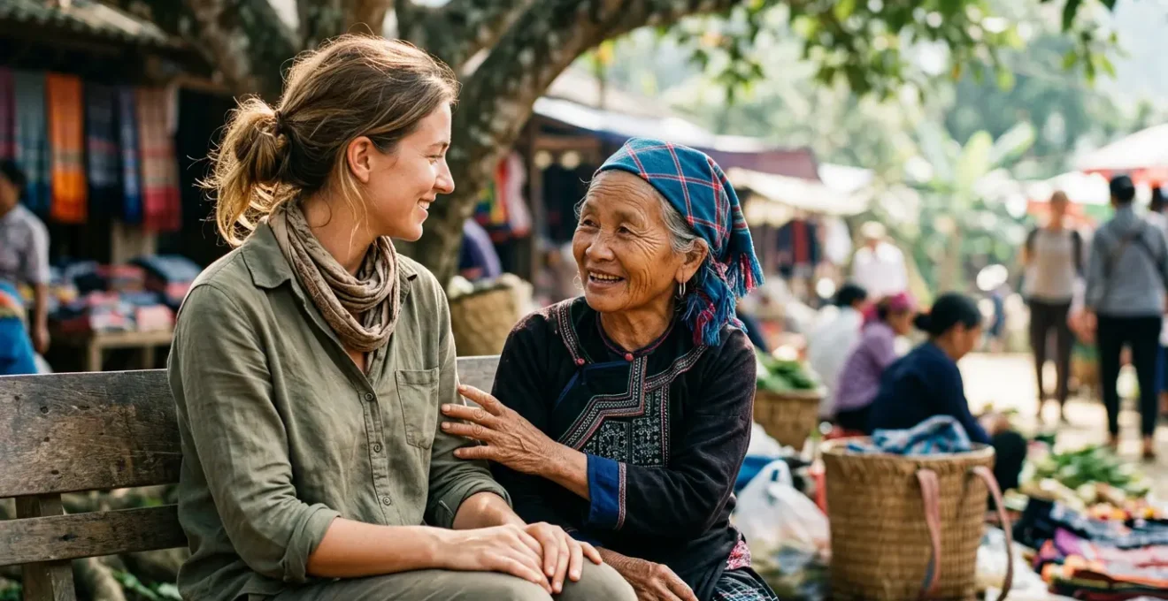 Voyageur partageant un moment authentique avec des habitants locaux dans un cadre naturel et respectueux