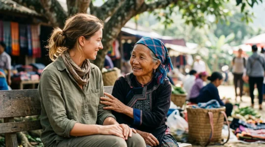 Voyageur partageant un moment authentique avec des habitants locaux dans un cadre naturel et respectueux