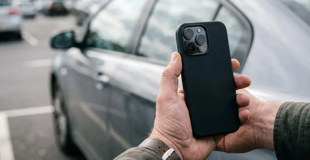 Main tenant un smartphone filmant l'inspection détaillée d'une voiture de location sur un parking