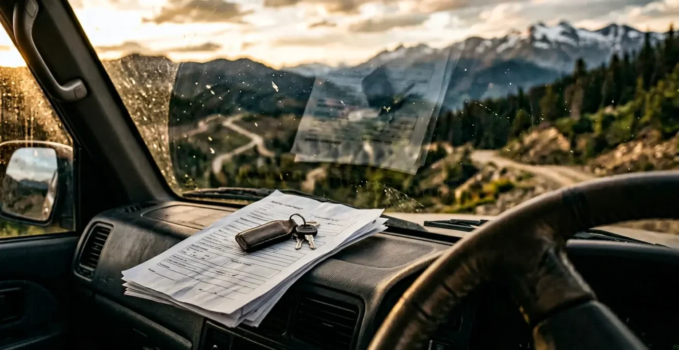 Vue d'un tableau de bord de 4x4 avec documents contractuels sur le siège passager dans un contexte de voyage
