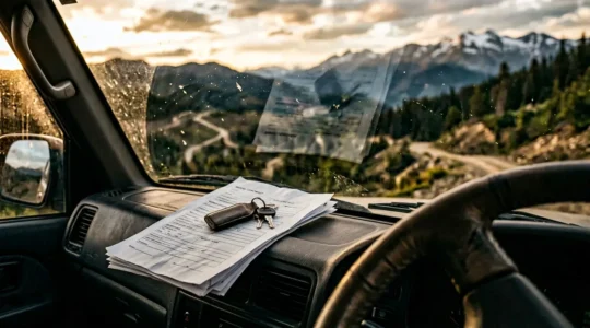 Vue d'un tableau de bord de 4x4 avec documents contractuels sur le siège passager dans un contexte de voyage