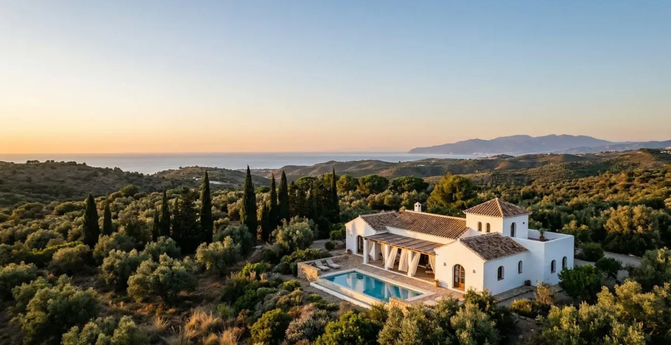 Vue aerienne d'une villa blanche andalouse avec terrasse ombragee et piscine privee entouree de vegetation mediterraneenne sur la Costa del Sol
