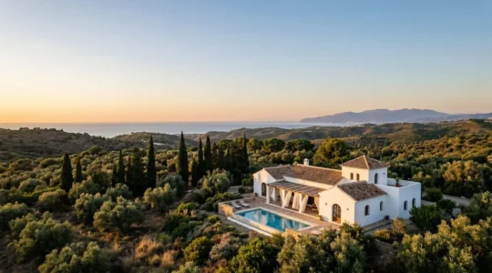 Vue aerienne d'une villa blanche andalouse avec terrasse ombragee et piscine privee entouree de vegetation mediterraneenne sur la Costa del Sol