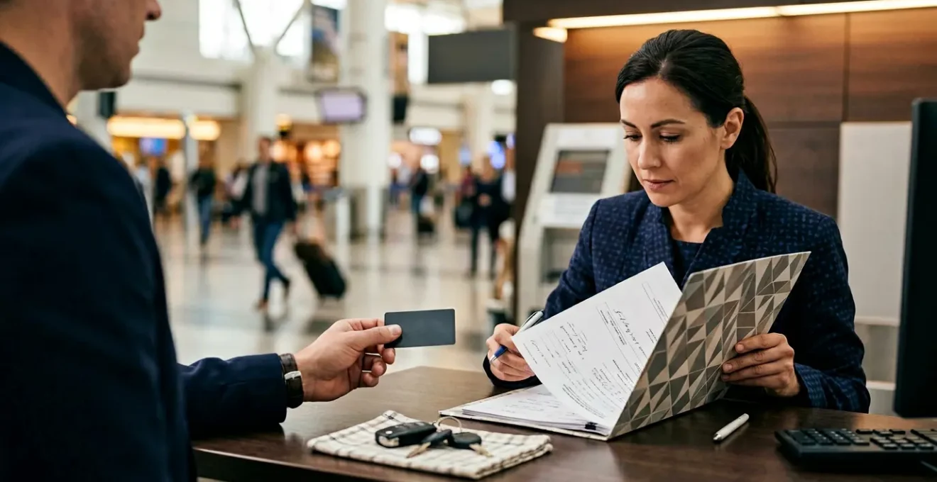 Voyageur présentant une carte bancaire au comptoir d'une agence de location de voiture à l'étranger
