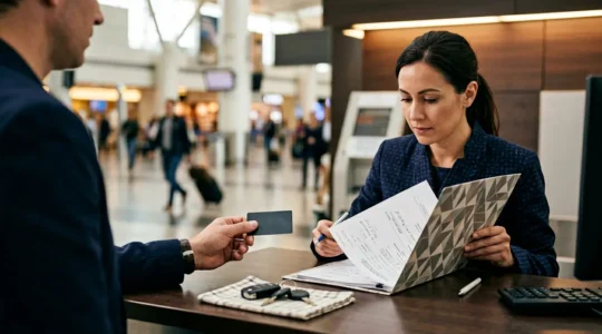 Voyageur présentant une carte bancaire au comptoir d'une agence de location de voiture à l'étranger