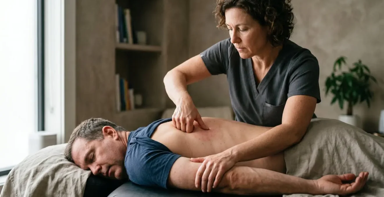 Geste de massage thérapeutique profond montrant la pression ciblée sur les tissus musculaires
