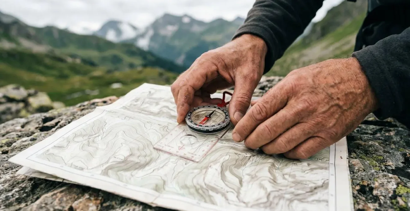 Mains de randonneur utilisant boussole de visée sur carte topographique dépliée en environnement alpin naturel