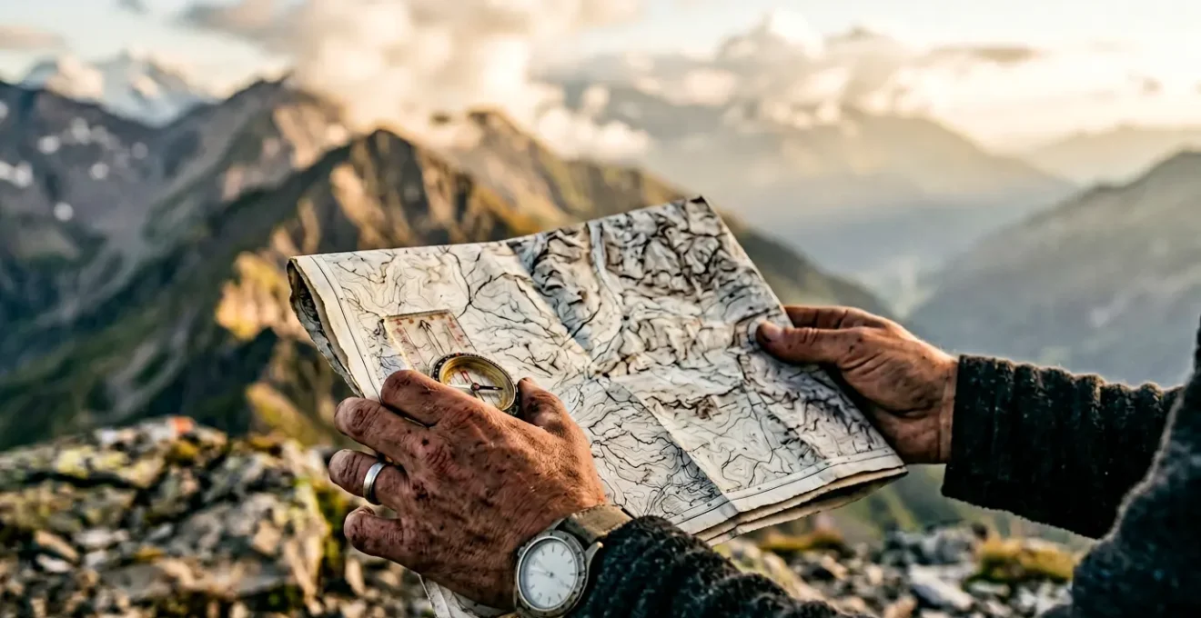 Randonneur consultant une carte topographique en milieu montagneux
