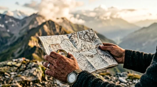 Randonneur consultant une carte topographique en milieu montagneux