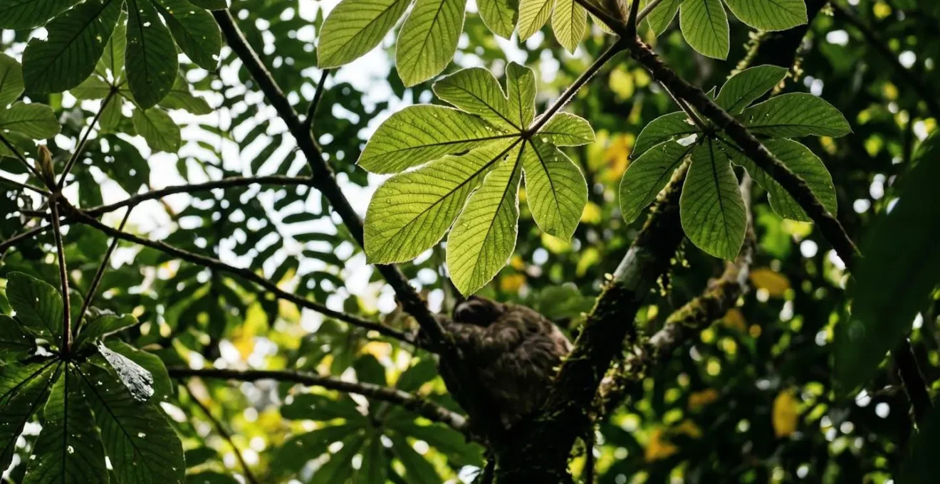 Vue en contre-plongée de la canopée tropicale avec jeu de lumière filtrant à travers les feuilles