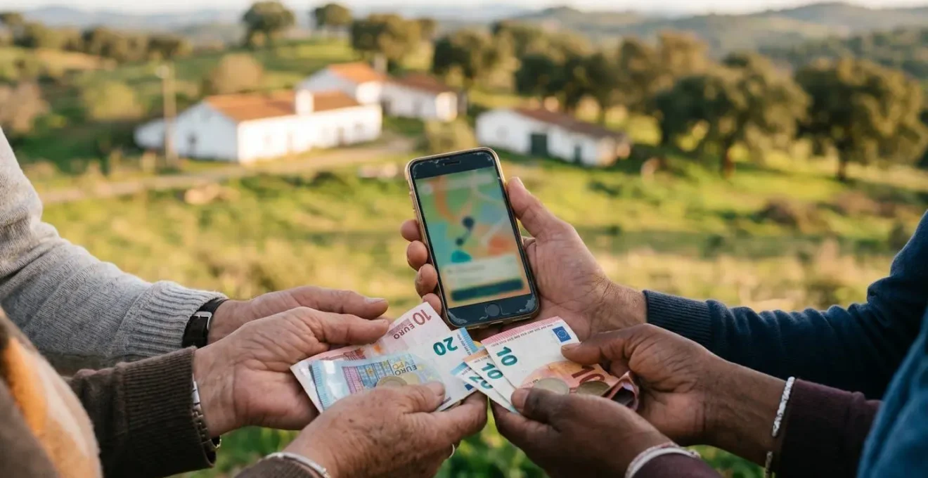 Mains de voyageurs partageant les frais d'un trajet en consultant une application de covoiturage avec en arrière-plan les collines verdoyantes de l'arrière-pays algarvien