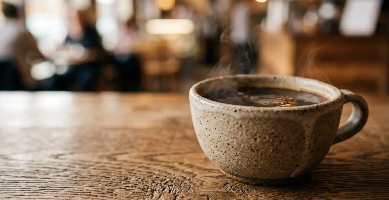 Tasse de café posée sur une table de café avec lumière naturelle douce et atmosphère apaisante