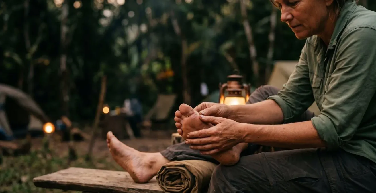 Randonneur inspectant et soignant ses pieds le soir au campement pour prévenir les ampoules lors d'un trek en jungle