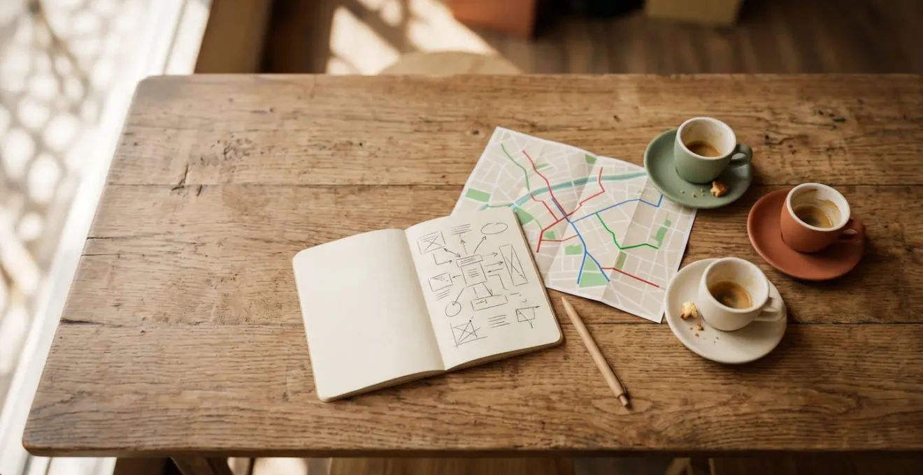 Vue aérienne minimaliste d'une table avec carnet de notes, tasses de café vides et carte de quartier annotée