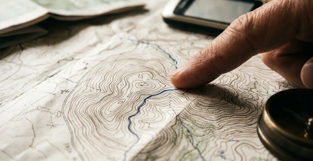 Gros plan sur des mains traçant un itinéraire vélo sur une carte topographique avec profil d'élévation