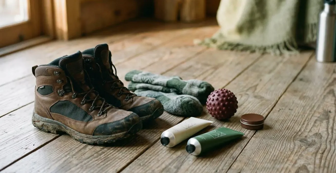Équipement de trek soigneusement préparé avec focus sur les chaussures de randonnée et les soins des pieds