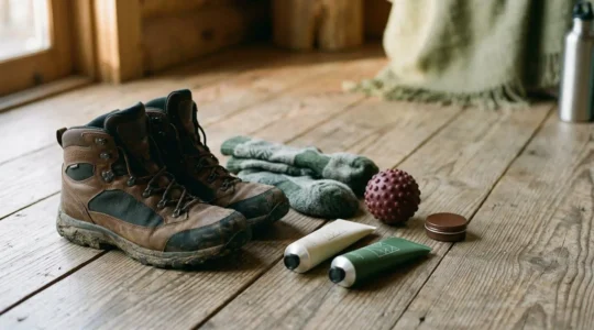 Équipement de trek soigneusement préparé avec focus sur les chaussures de randonnée et les soins des pieds