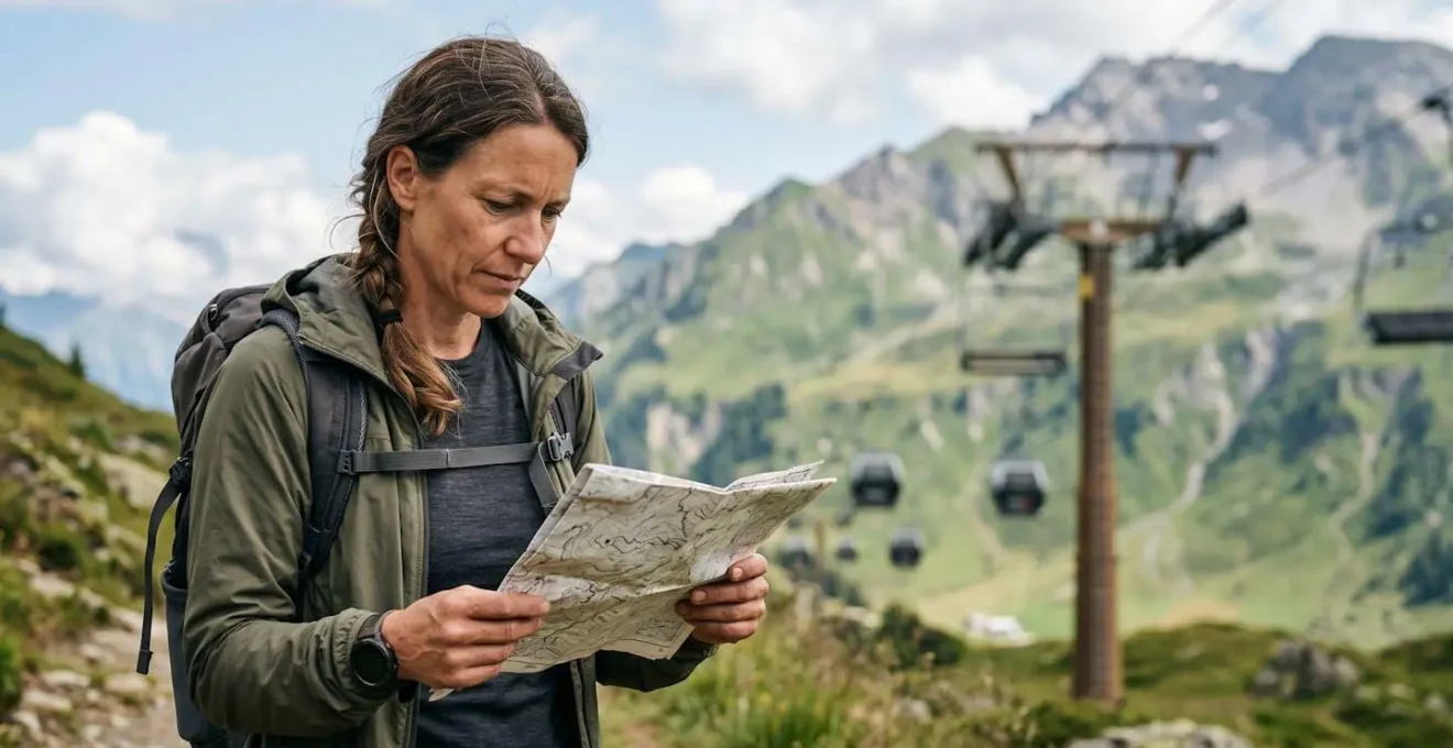 Randonneur consultant une carte de station alpine avec télésiège moderne en arrière-plan sous ciel d'été