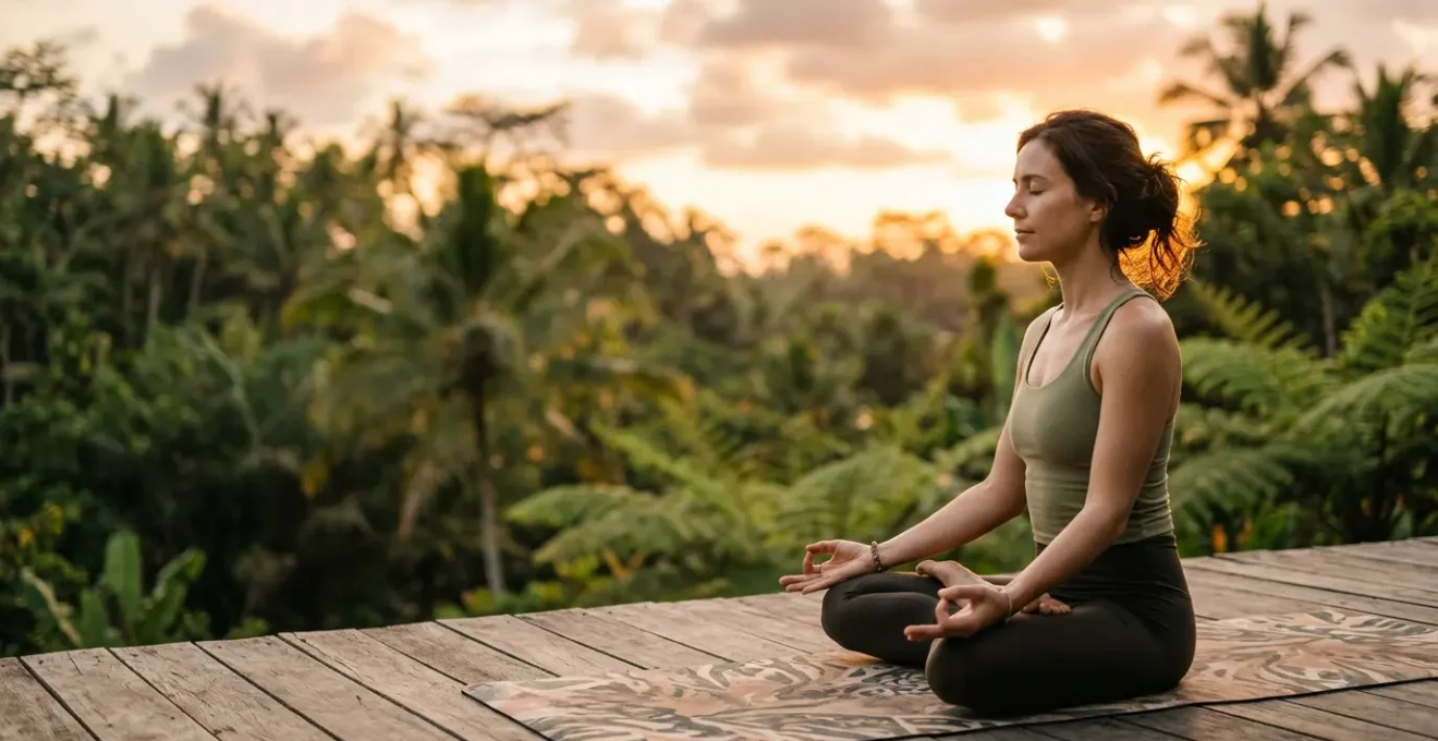 Pratiquante de yoga en posture méditative dans un environnement naturel paisible lors d'une retraite de bien-être