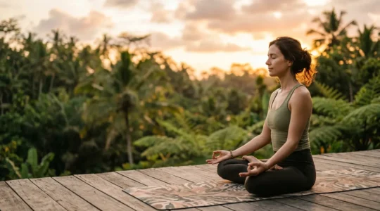 Pratiquante de yoga en posture méditative dans un environnement naturel paisible lors d'une retraite de bien-être