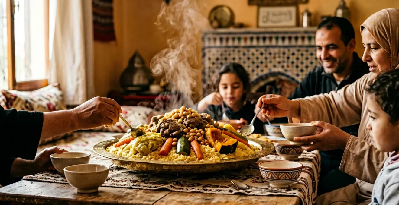 Plat de couscous traditionnel fumant au centre d'une table familiale, préparé pour le rituel du vendredi