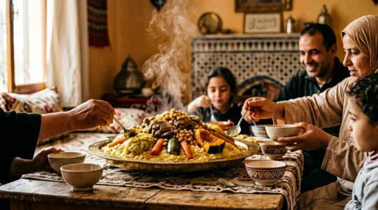 Plat de couscous traditionnel fumant au centre d'une table familiale, préparé pour le rituel du vendredi