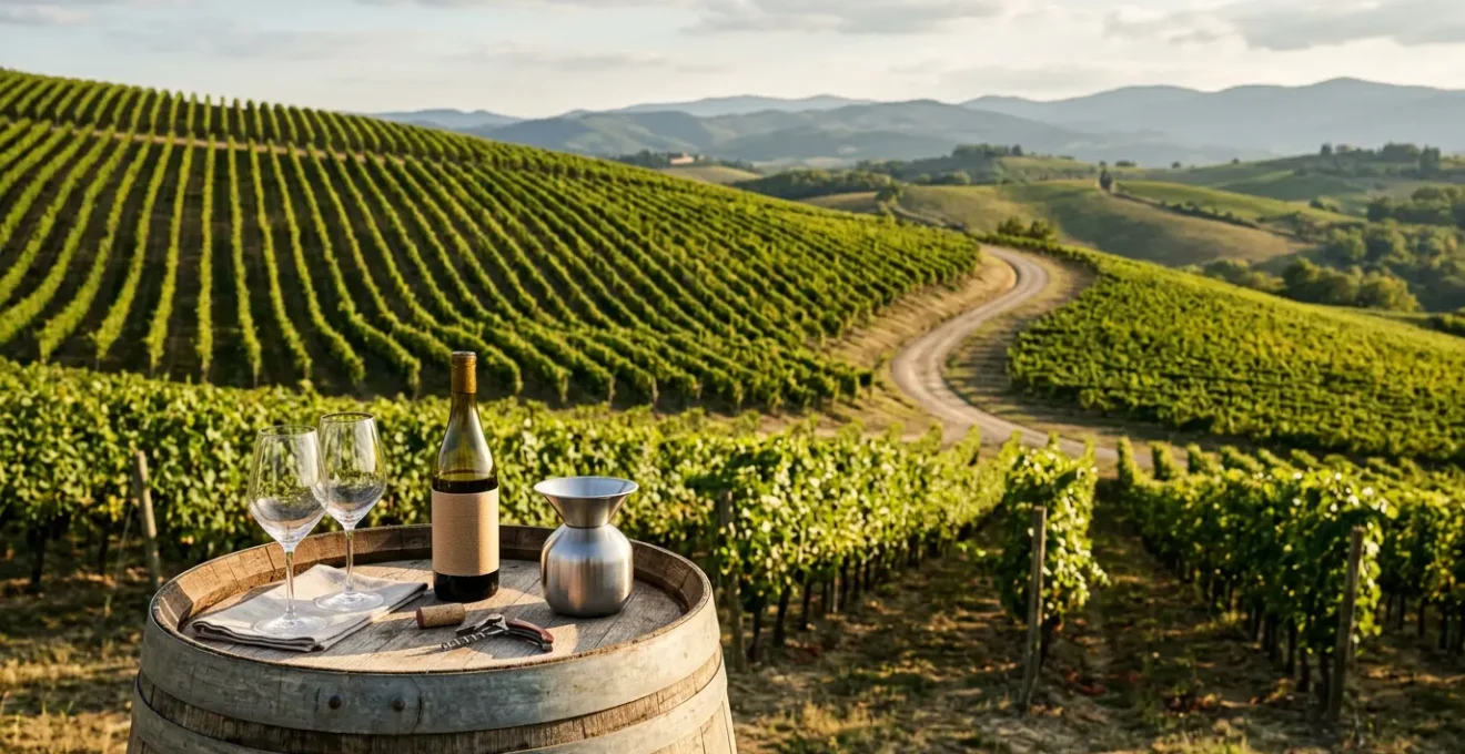 Vignobles en rangées sur coteaux vallonnés avec route serpentant entre les vignes et crachoir de dégustation professionnel au premier plan