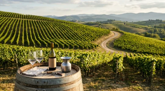 Vignobles en rangées sur coteaux vallonnés avec route serpentant entre les vignes et crachoir de dégustation professionnel au premier plan