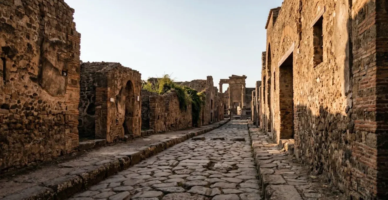 Ruelle pavée déserte d'une cité antique préservée créant une atmosphère d'intimité