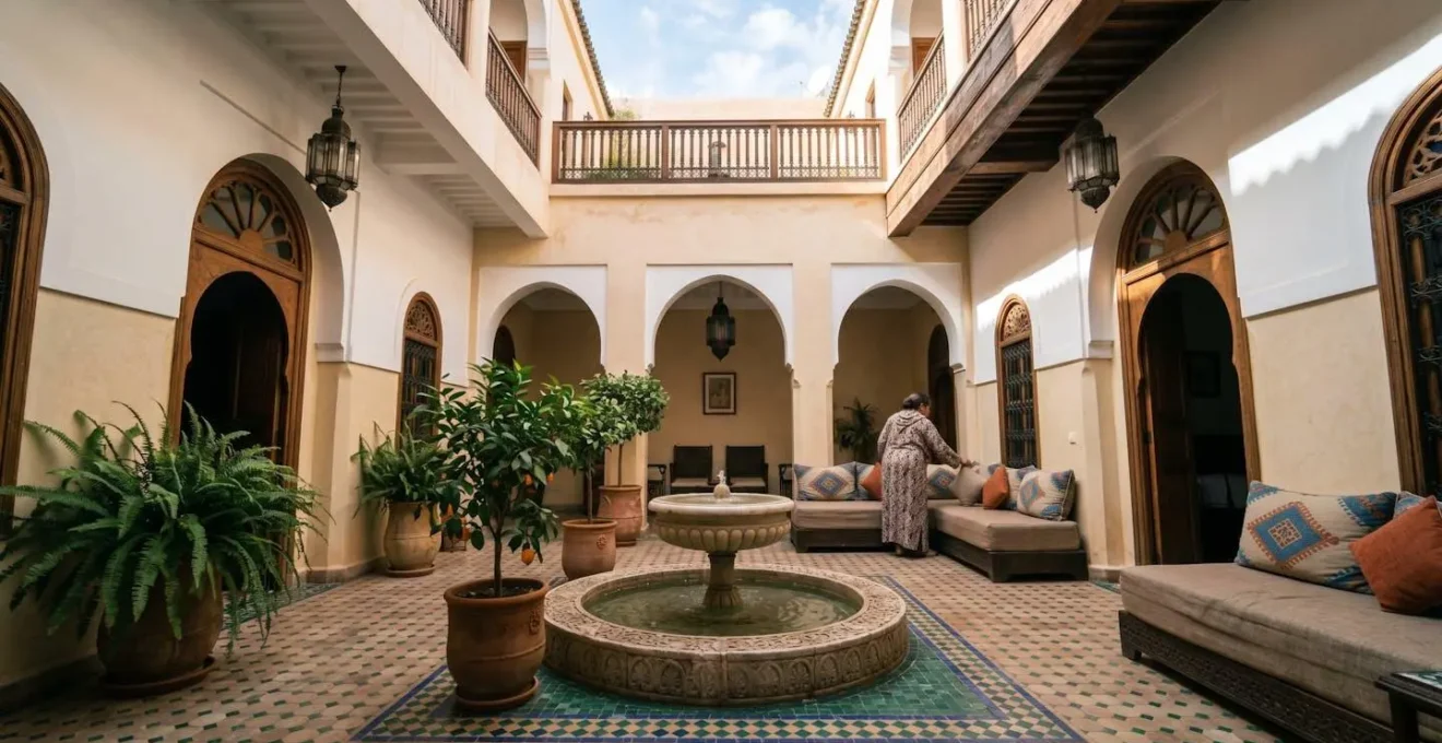 Vue d'ensemble d'une cour intérieure traditionnelle d'une maison d'hôtes locale avec espace de vie partagé