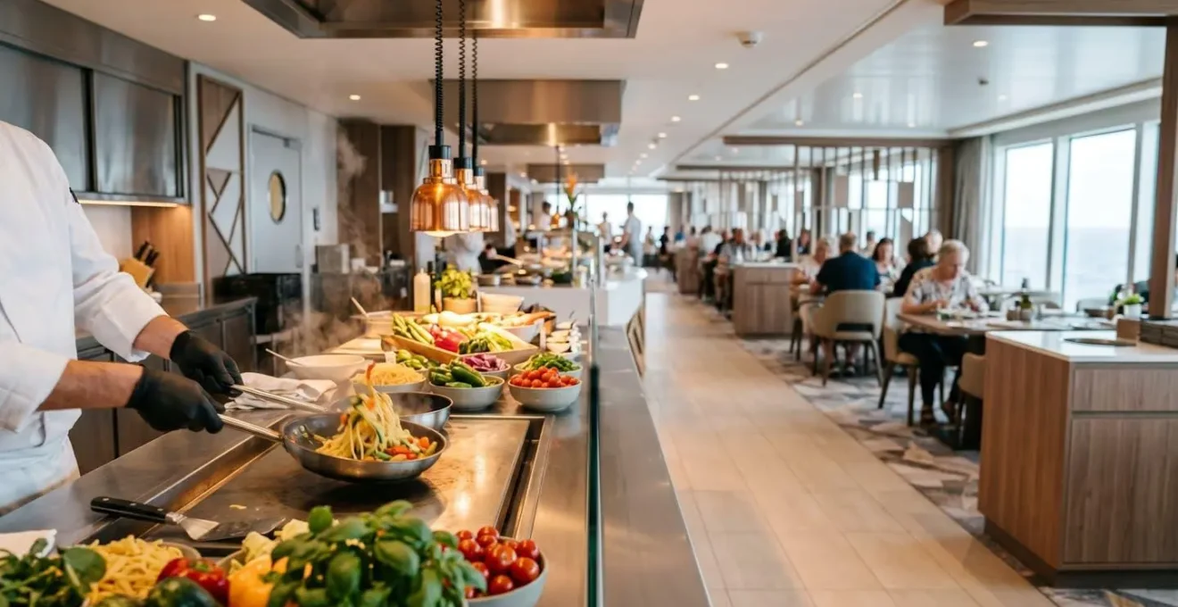 Station de cuisine en direct dans le buffet d'un navire de croisière avec chef préparant des plats frais