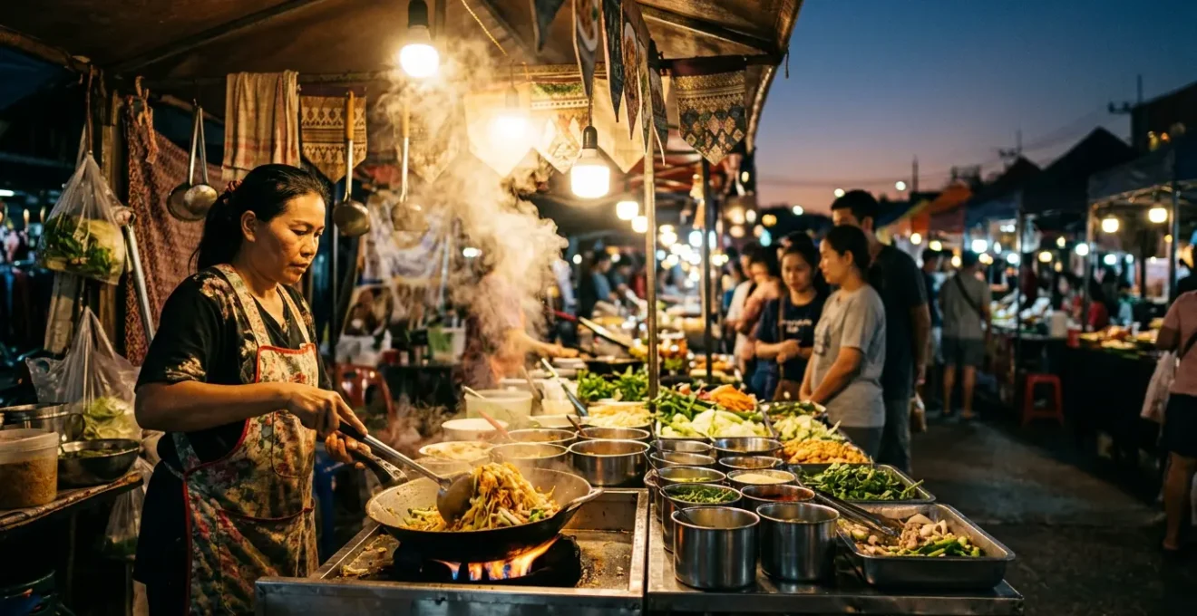 Stand de street food animé dans un marché nocturne en Thaïlande