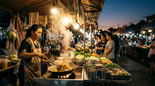 Stand de street food animé dans un marché nocturne en Thaïlande