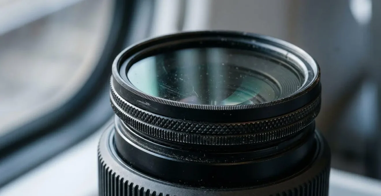 Gros plan sur un filtre polarisant circulaire fixé à un objectif photographique avec reflets atténués sur verre en arrière-plan