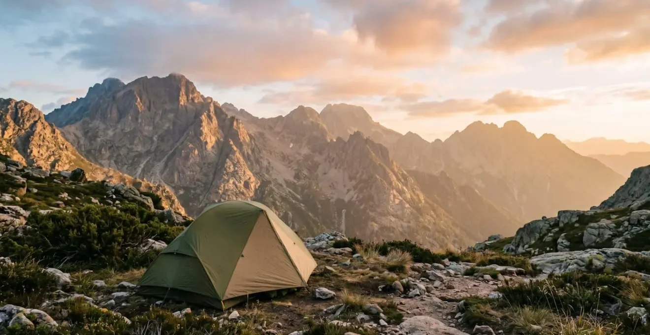Tente de bivouac en montagne au lever du soleil