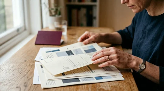 Patient consultant des documents médicaux et d'assurance avant un voyage médical