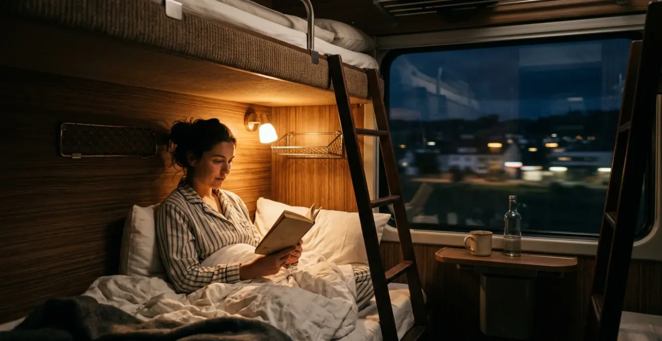 Intérieur paisible d'une couchette de train de nuit européen avec atmosphère chaleureuse et intime