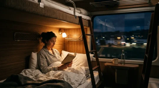 Intérieur paisible d'une couchette de train de nuit européen avec atmosphère chaleureuse et intime