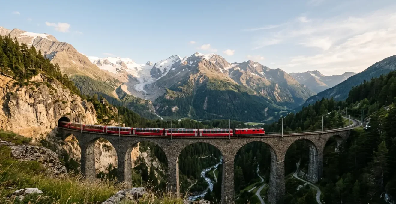 Train panoramique rouge traversant un viaduc spectaculaire dans les Alpes suisses avec sommets enneigés en arrière-plan