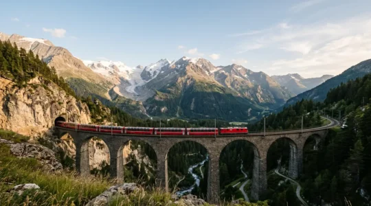 Train panoramique rouge traversant un viaduc spectaculaire dans les Alpes suisses avec sommets enneigés en arrière-plan