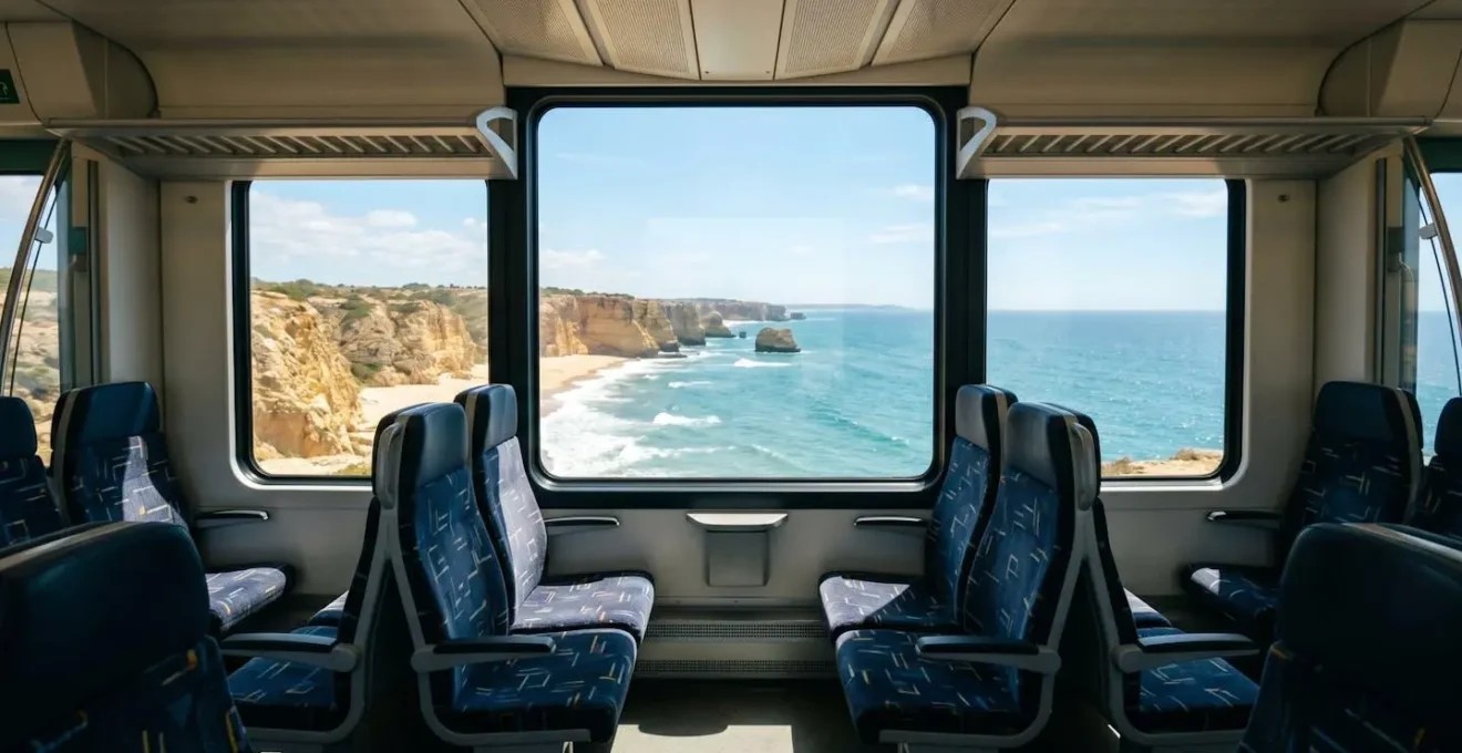 Intérieur d'un wagon de train régional avec vue panoramique sur les falaises ocre et l'océan de l'Algarve à travers la fenêtre