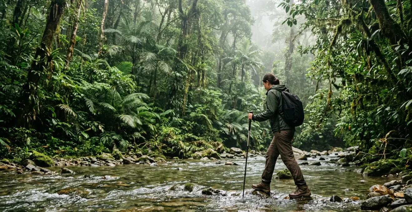 Randonneur traversant une rivière dans la jungle dense de la Sierra Nevada lors du trek vers la Cité Perdue en Colombie