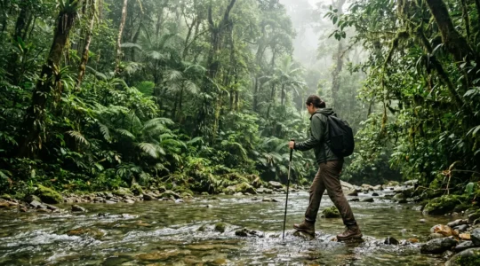 Randonneur traversant une rivière dans la jungle dense de la Sierra Nevada lors du trek vers la Cité Perdue en Colombie