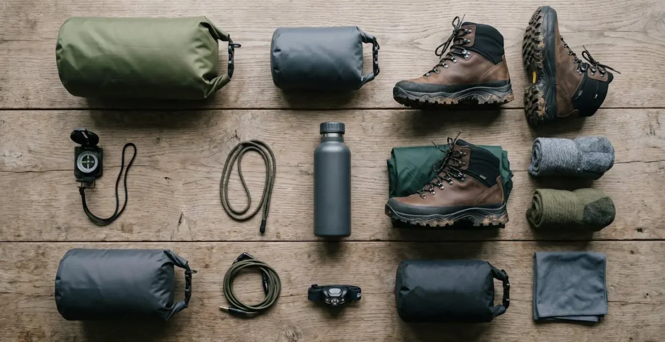 Équipement de randonnée organisé pour un trek en environnement tropical humide