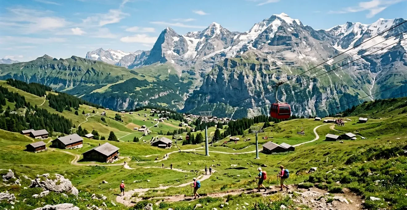 Vue panoramique d'une station alpine dynamique en été avec randonneurs sur sentiers verdoyants et remontées mécaniques en activité sous ciel bleu