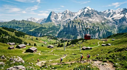 Vue panoramique d'une station alpine dynamique en été avec randonneurs sur sentiers verdoyants et remontées mécaniques en activité sous ciel bleu