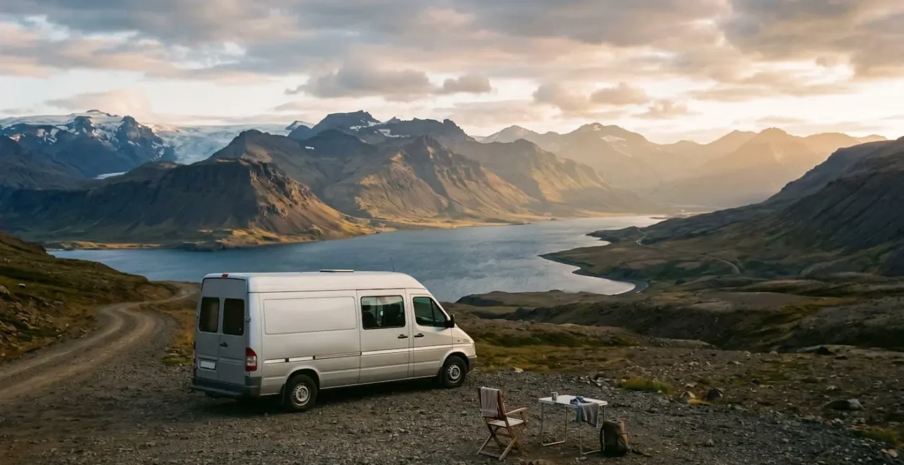 Van aménagé garé sur un emplacement de camping avec vue sur fjord islandais