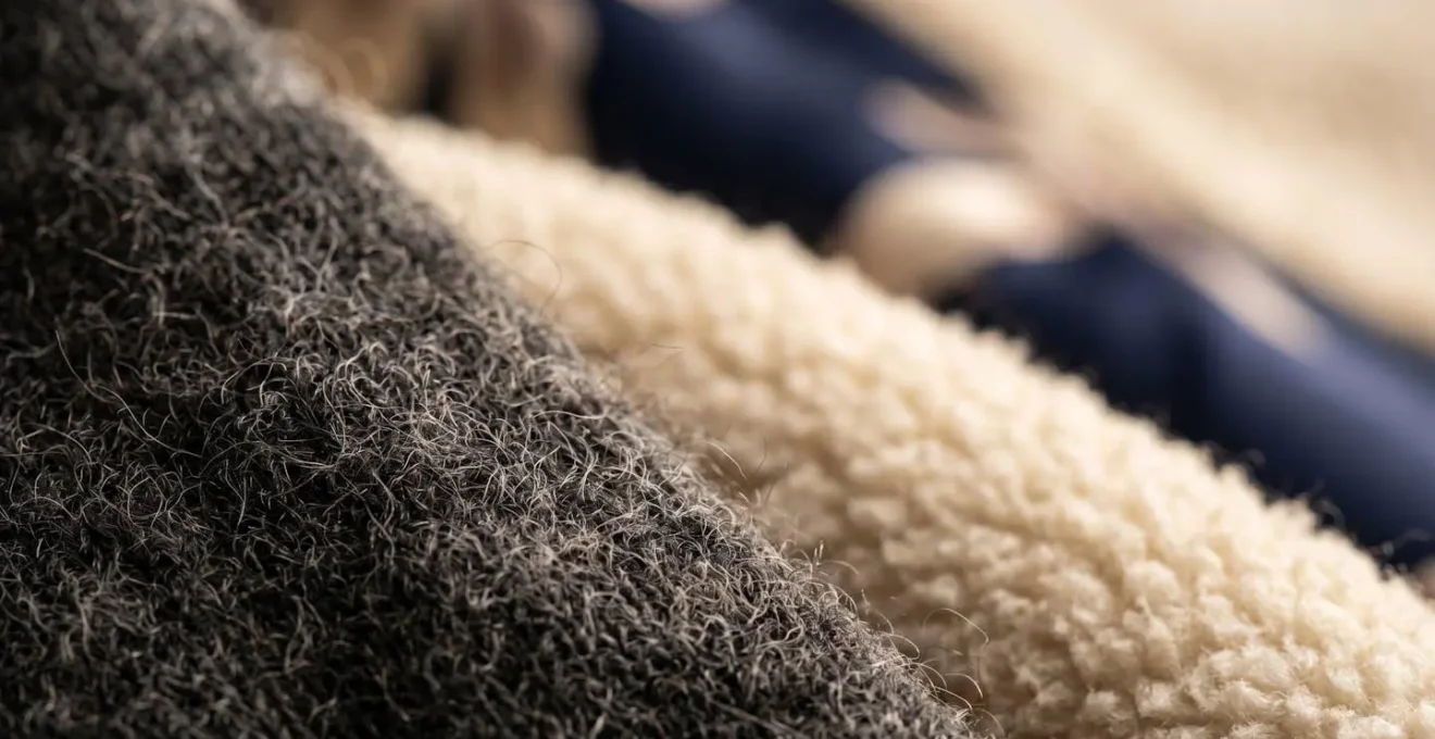Gros plan tactile sur des vêtements de voyage en laine mérinos et polaire superposés révélant les textures